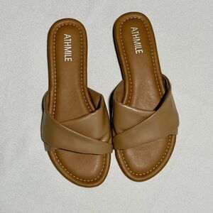 ATHMILE Womens Slide Sandals Size 7 Camel Brown Flat Memory Foam Summer Casual